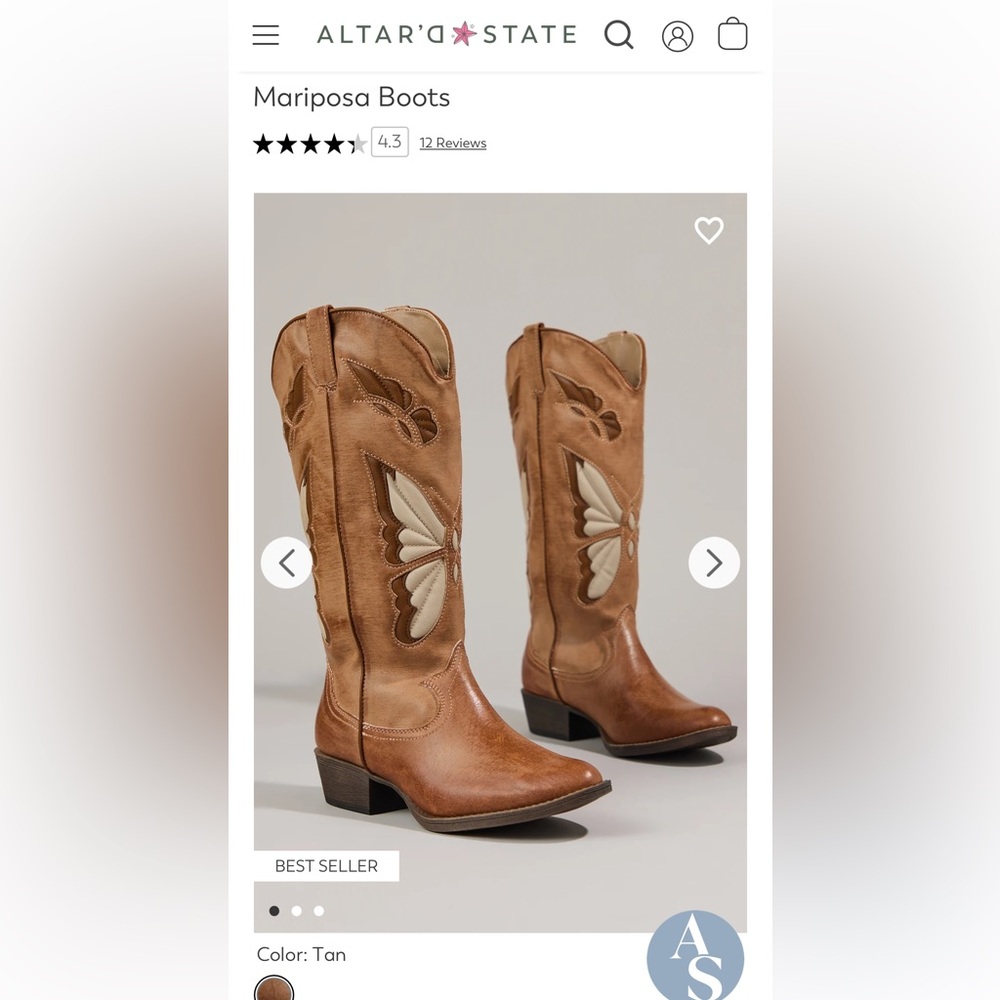 Brand new Altar’d State “mariposa” cowgirl boots in tan, women’s size 7